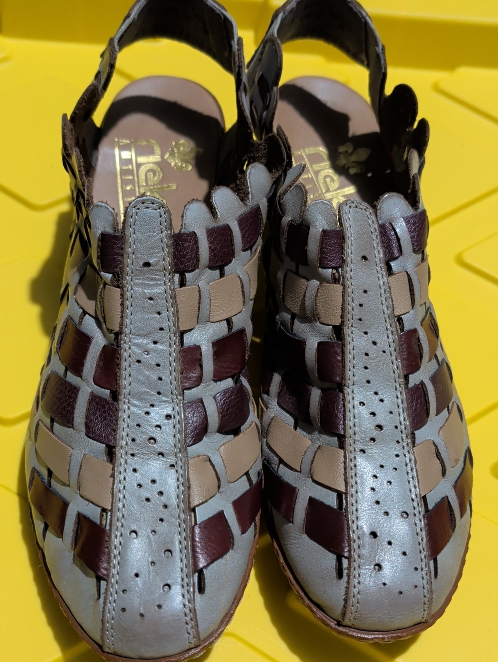 Rieker Woven Leather Slingback Shoes in Gray, Beige & Burgundy Size 39 European